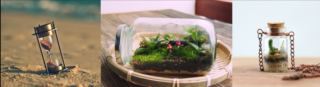 A sand clock, a jar terrarium, and a vial pendant necklace containing sand and a plant